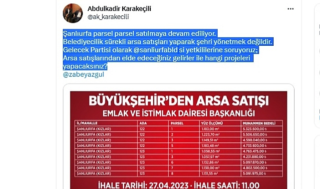 Karakeçili; ‘ Şanlıurfa Parsel Parsel Satılmaya Devam Ediliyor’