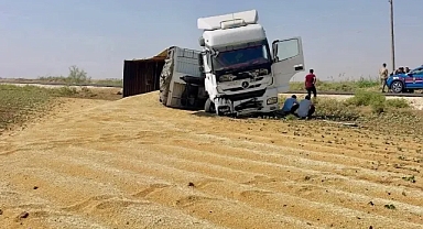 Eyyübiye'de buğday yüklü tır devrildi!