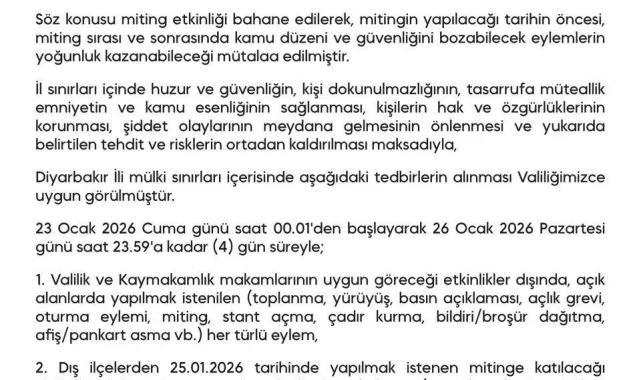 Diyarbakır Valiliği, DEM Parti'nin Mitingine Yasak Getirdi
