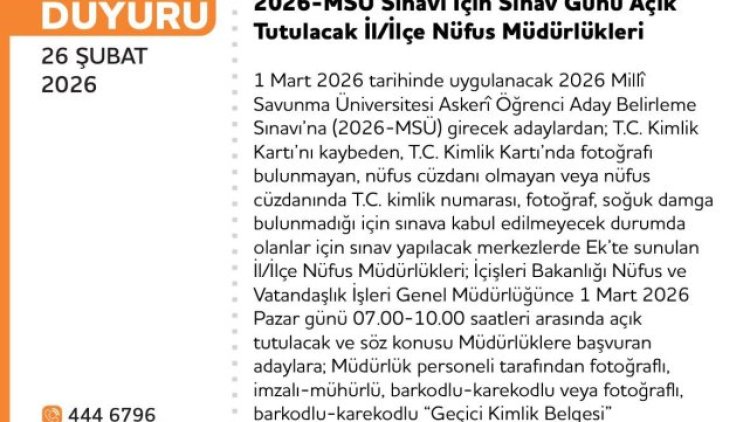 Haliliye Nüfus Müdürlüğü, MSÜ Sınavı İçin Pazar Günü Açık Olacak