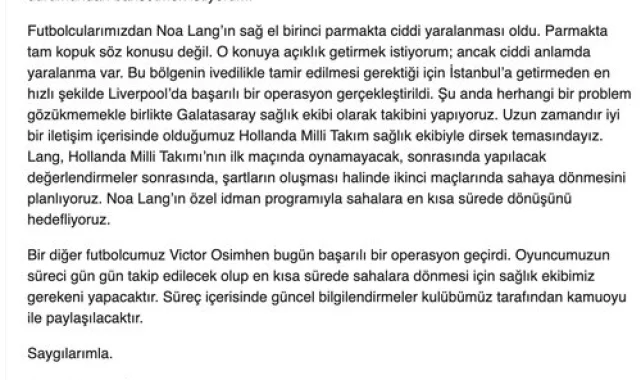 Noa Lang ve Victor Osimhen'in Sağlık Durumu Hakkında Açıklama