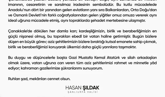 Vali Hasan Şıldak'tan 18 Mart Çanakkale Zaferi Mesajı
