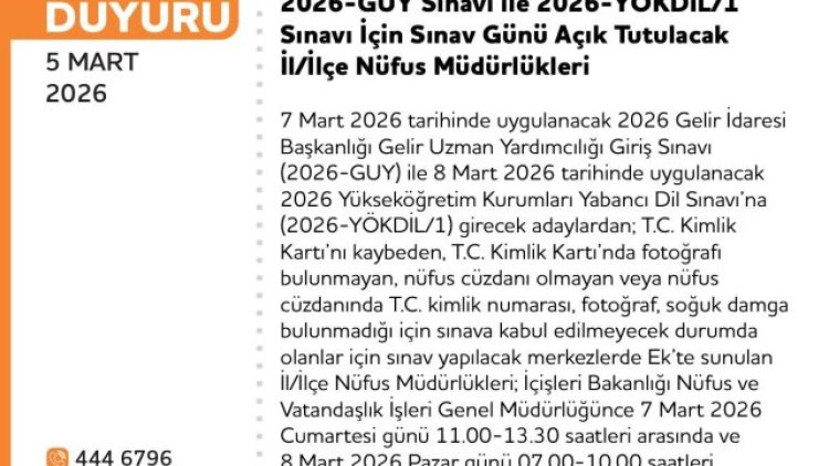 YÖKDİL Sınavı İçin Haliliye Nüfus Müdürlüğü Açık Olacak