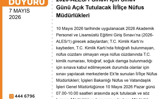 ALES Sınavı İçin Haliliye Nüfus Müdürlüğü Açık Olacak
